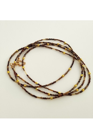 K216 Minimal, Zarif Boncuk, Dolamalı Kolye Kahverengi&atın Sarı Altın - Kahverengi