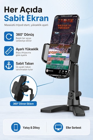 Masaüstü Telefon Standı 360 Derece Dönebilen Başlıklı Ayaklı Telefon Tripodu Siyah