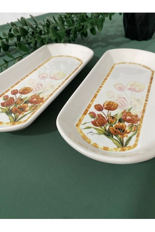 Vintage Lale 2 Adet Oval Kahvaltı Tabağı Kızıl Kahve