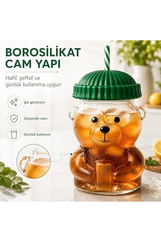 Sogud Cam Bardak - 580 Ml Pipetli Soğuk İçecek Bardağı - Borosilikat Cam Kupa - Ayıcıklı Figürlü Barista Kahve Bardağı - Smoothie Limonata Ice Tea Kokteyl Ve Meyve Suyu İçin Yazlık Sunum Asorti Renk Açık Ahşap