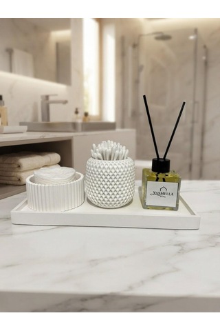 Minimal Beyaz Banyo Seti + Pamukluk + Kulak Çubuğu Kabı + Soft Romantica Difüzör + Dekoratif Tepsi