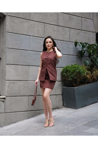 Kadın Uzun Yelekli Mini Etekli Takım A.kahve Açık Kahverengi