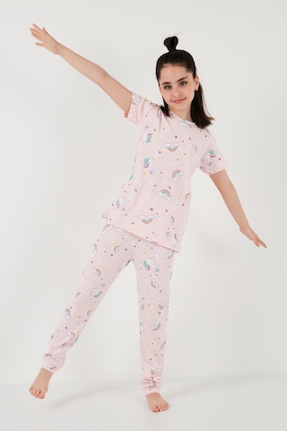 Lela % 100 Pamuk Bisiklet Yaka Kısa Kollu Kız Çocuk Pijama Takımı 6651002 Pembe-Beyaz