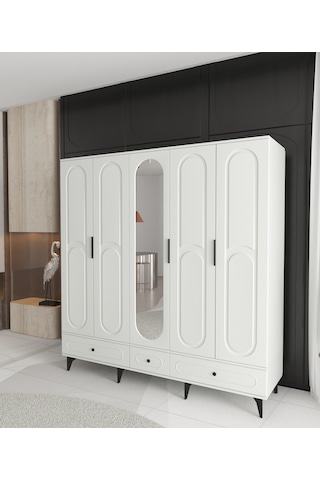 Derin 5 Kapaklı Çekmeceli Gardırop - Tamamı Mdf Beyaz