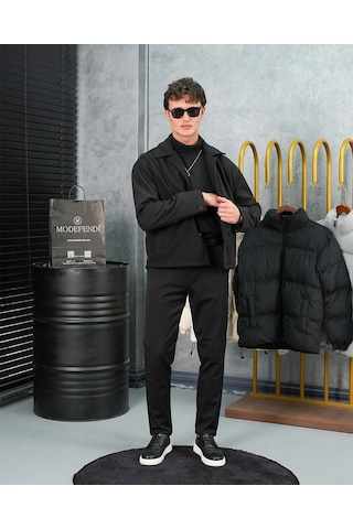 Modefendi Orta Slim Fit Düğme Detaylı Kaşmir Kaban Siyah