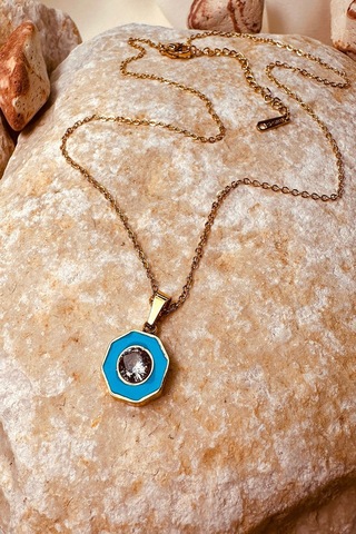 Zirkon Taşlı Mavi Mineli Tektaş Kadın 316l Çelik Zincir Kolye