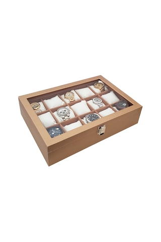 Chavin 15 Li Diamond Gold Deri Ahşap Camlı Saat Kutusu St15-57