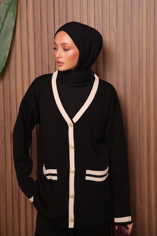 Balenbi Kadın Oversize Sık Örgü V Yaka Hırkalı Tesettür Triko Takım 1148 Siyah