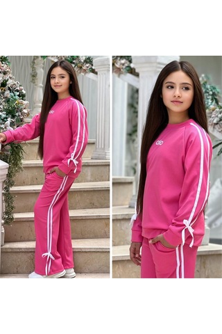 Kurdele Detaylı Alo Fitilli 2 Li Eşofman Takımı - 6/16 Yaş - 31506 Pembe