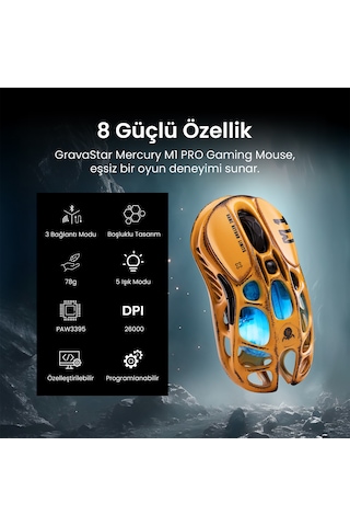Gravastar Mercury M1 Pro 26.000 Dpı Optik Gaming Mouse, Kablosuz, Battle-worn Yellow