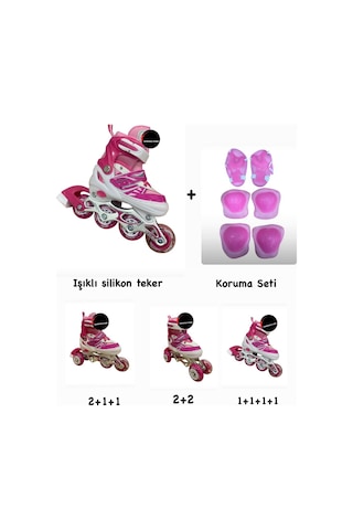 Işıklı Çocuk Pateni Ayarlanılabilir Alıştırma Silikon Tekerli Frenli Metal Gövdeli Paten Dizlik Set Pembe