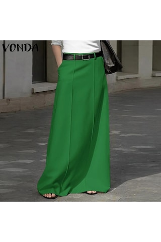 Vonda Kadın Cep A Etek Fermuar Düz Renk Uzun Yarım Etek Yeşil