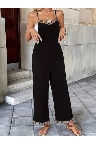 Defymoda Kadın Ip Askılı V Yakalı Etnik Serit Desenli Cep Detaylı Janjan Krep Tulum Siyah