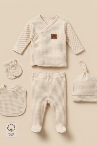 Minory Baby - %100 Pamuk 5'li Hastane Çıkışı Seti Yenidoğan 5'li Set Waffle Kumaş Battaniyesiz Bej Bej