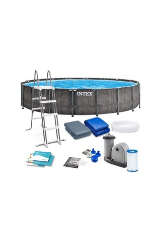 İntex 26744np Greywood Yuvarlak Prefabrik Aile Havuzu 549x122cm Filtre+merdiven+örtü Set