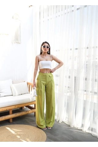 Defymoda Keten Düğme Detayli Dökümlü Palazzo Pantolon Yeşil
