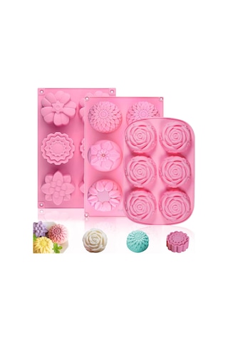 Shineyee 3'lü Yemek Kalitesi Silikon Kalıp Seti - Çiçek Şekli, Sabun/çikolata/çerez Hazırlama, Anti Yapışkan, -40 C'den 230 C'ye Dayanıklı Pembe