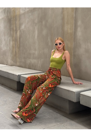 Mamayaga Kadın Yüksek Bel Kuşaklı Desenli %100 Viscose Pamuk Geniş Paça Şık Casual Büyük Beden Curve Pantolon Haki