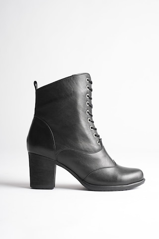 Analin Shoes Kadın Hakiki Deri Bağcıklı Kalın Topuklu Şık Bot Siyah