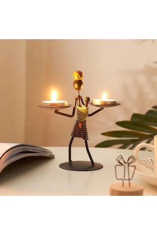Metal Ferforje Figürlü Tealight Mumluk Ev Dekoru Açık Bej