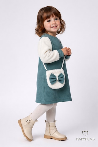 Babyden's Bayramlık Şık Ve Rahat Kız Bebek Elbise Çantalı Yumuşak Peluş Kollu Kışlık Çocuk Kombini Haki