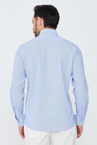 White Stone Mavi İnce Çizgili Dynamic Fit Uzun Kollu Erkek Gömlek MAVİ