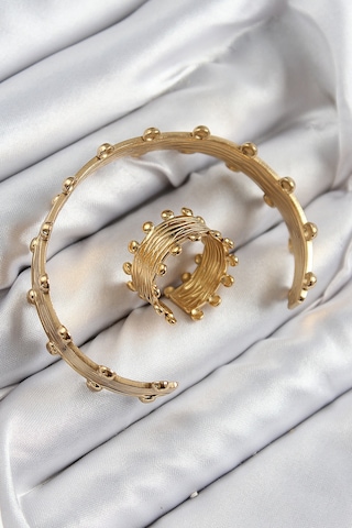 Zarif Kadın İçin Golden Pirinç Topcuk Stil Bileklik Yüzük Seti Bakır