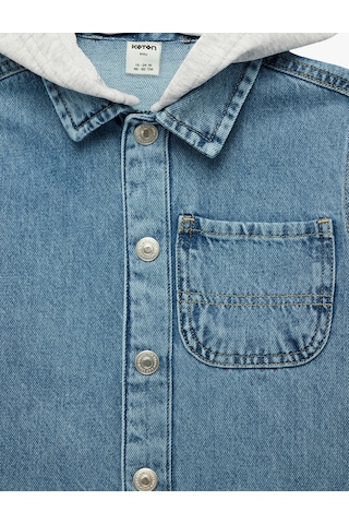 Koton Uzun Kollu Pamuklu Cepli Düğmeli Çıkarılabilir Kapşonlu Denim Ceket Orta İndigo 6smb60003td