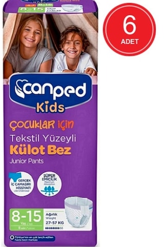 Canped Kids Çocuklar İçin Tekstil Yüzeyli Külot Bez 27-57 KG 8-15 Yaş 6 x 8 Adet