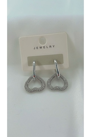 Kadın Zirkon Taşlı Tasarım Kalp Küpe Gümüş Renk Gümüş