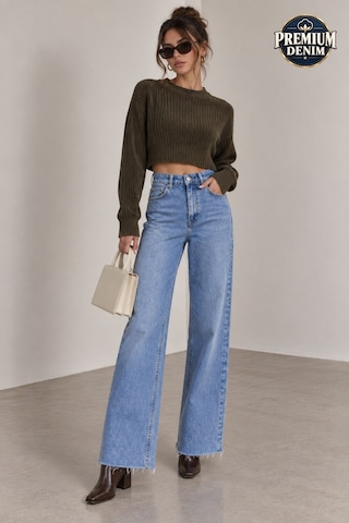 Vadon 1056 Kadın Yüksek Bel Pis Paça Wide Leg Jean Pantolon Mavi