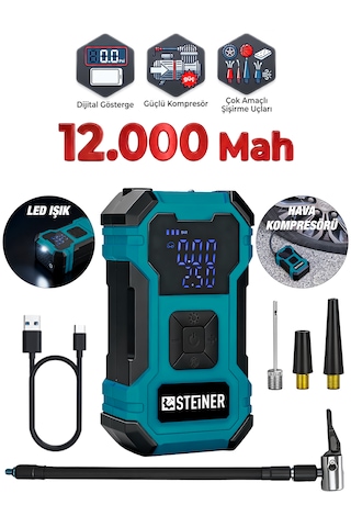 Steiner 12.000 Mah Dijital Ekranlı Kablosuz Lastik Hava Pompası Şarjlı Hava Kompresörü Powerbank Led Işık Mavi 1200mah - 25x5.6x4.7cm