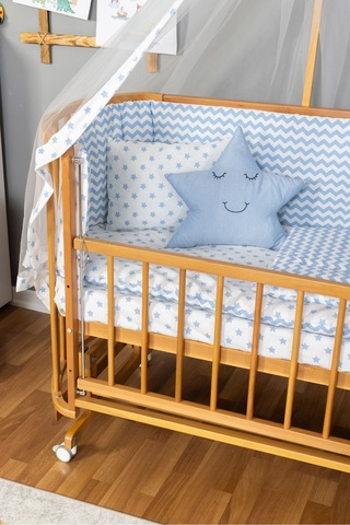 Ahşap Beşik Anne Yanı Beşik Doğal Vernikli 60x120 Mavi Yıldız Uyku Seti Yatak Tekerlekli Ahşap