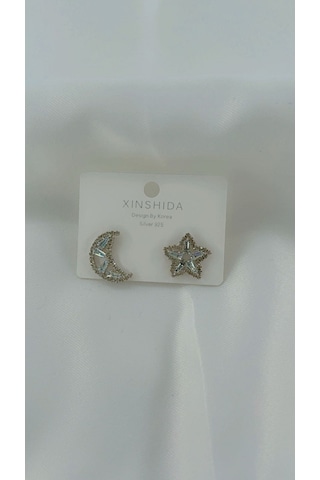 Kadın Ay Yıldız Model Küpe Gümüş Renk Gümüş