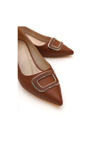 Scenic Taba Tokalı 4cm Sivri Burun Topuklu Ayakkabı Taba