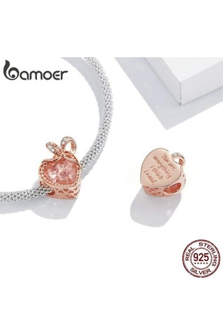 Novahub 925 Ayar Gümüş Gül Kalp Zirkon Boncuk Kadın Romantik Yay Kolye Charm Bilezik Dıy Takı Hediye Rose Gold