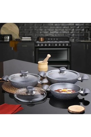 Oms Bio Granit 6 Parça Kapaklı Sahan Seti Gri Yapışmaz Biogranit 18-20-22 Cm Gri