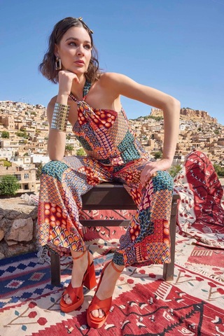 L'ombre Etnik Desenli Saten Tulum Renkli Geometrik