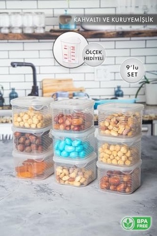 Saklama Kabı Sızdırmaz Kapak 9 Lu Set Şeffaf- Ölçü Kabı Hediyeli Çok Renkli
