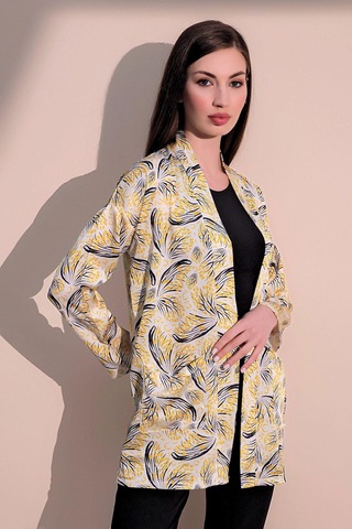 Kadın Sarı Safari Desen Yeni Moda Saten Çift Cepli Salaş Kimono Ceket - Tesettüre Uygun Sarı