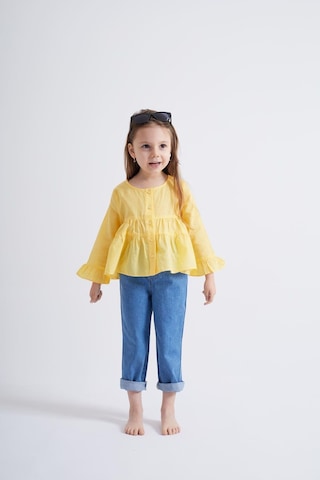 Oliventhekid Sarı Vual Önden Düğmeli Robadan Büzgülü Kol Ucu Fırfırlı Kız Çocuk Gömlek Sarı Sarı