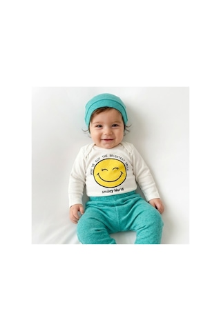 Babysena Happy Baskılı Unisex Bebek Bodyli 3 Lü Takım Turkuaz