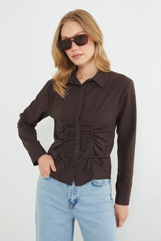 Fullamoda Önü Büzgülü Slim Fit Gömlek Kahve