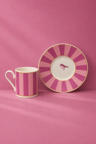 2 Kişilik Porselen Yaldızlı Lovely Birds Özel Tasarım Kuşlu Kahve Fincan Takımı Seti 90ml Mor