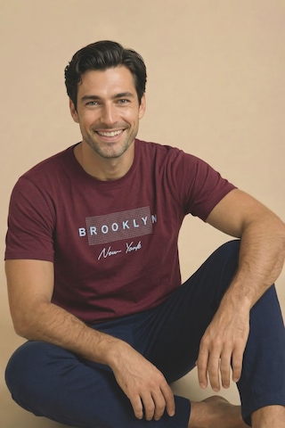 Wordex Mirano 8108 Penye Brooklyn Yazılı Erkek Yazlık Kısa Kollu Cepli Pijama Takımı Bordo