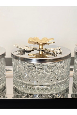 Atabey Home Collection 3'lü Kelebekli Gümüş Tepsili Kase Seti & Şekerlik & Sunumluk & Çerezlik