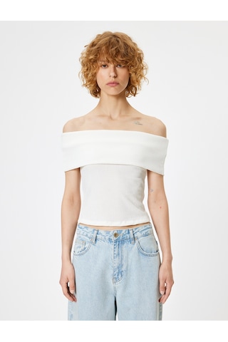 Koton Madonna Yaka Crop Bluz Kısa Kollu Bürümcük Dokulu Slim Fit Ekru 4sal60061ık Ekru