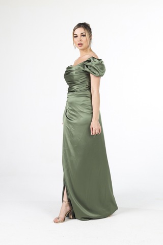 Feminist Haki Drape Detaylı Saten Kumaş Abiye Elbise 9704858.23 Haki