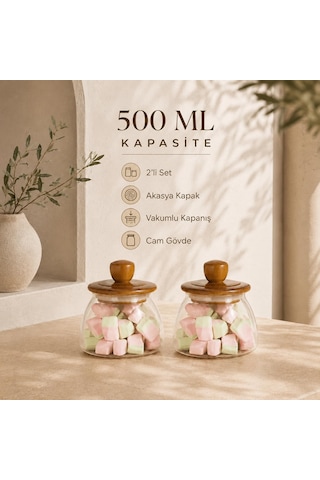 2'li Set 500 Ml Doğal Akasya Kapaklı Vakumlu Cam Kavanoz Saklama Kabı Çok Renkli