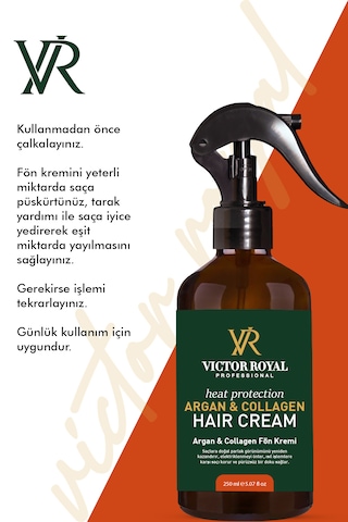Victor Royal Isıya Karşı Koruyucu Ve Kolay Tarama Etkili Argan Kolajen Fön Sprey Kremi 250 Ml